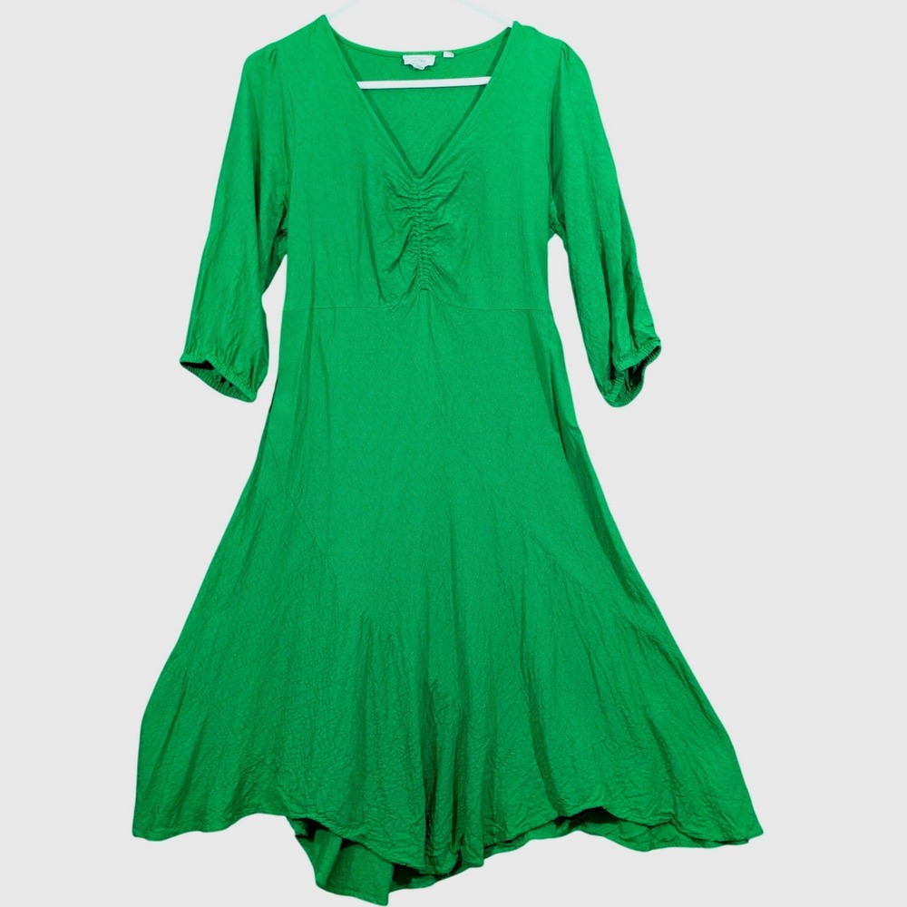 FatFace Nate V-Neck Green Textured Midi Dress Peasant Boho Minimalist Size 8